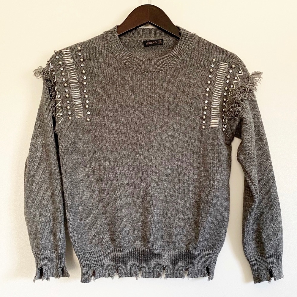 HESPERUS Fringe Beaded Trimmed Sleeve Sweater S